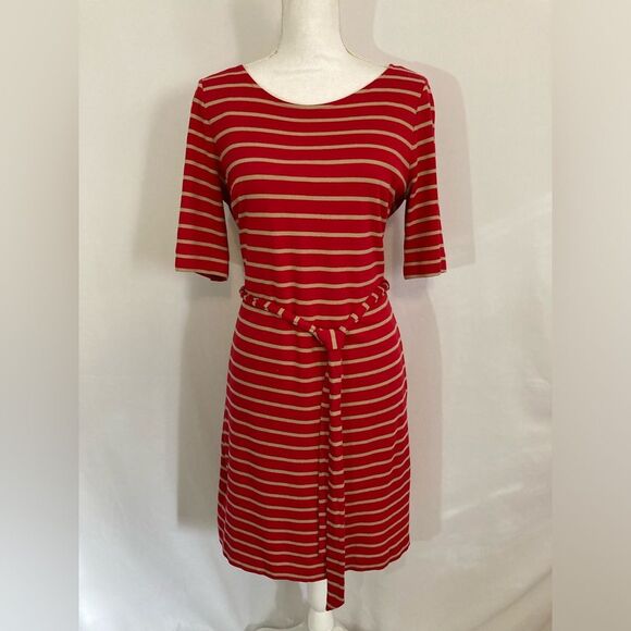 Banana Republic Dress Women's Large Red Tan Stripe Short Sleeve Knee Length - Picture 2 of 11